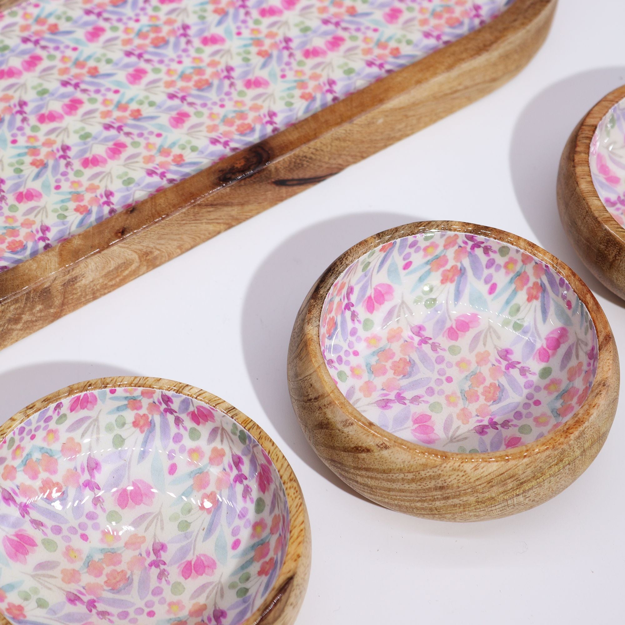 Serving Tray With 3 Bowls - Handmade Mango Wood Pretty Floral Decor