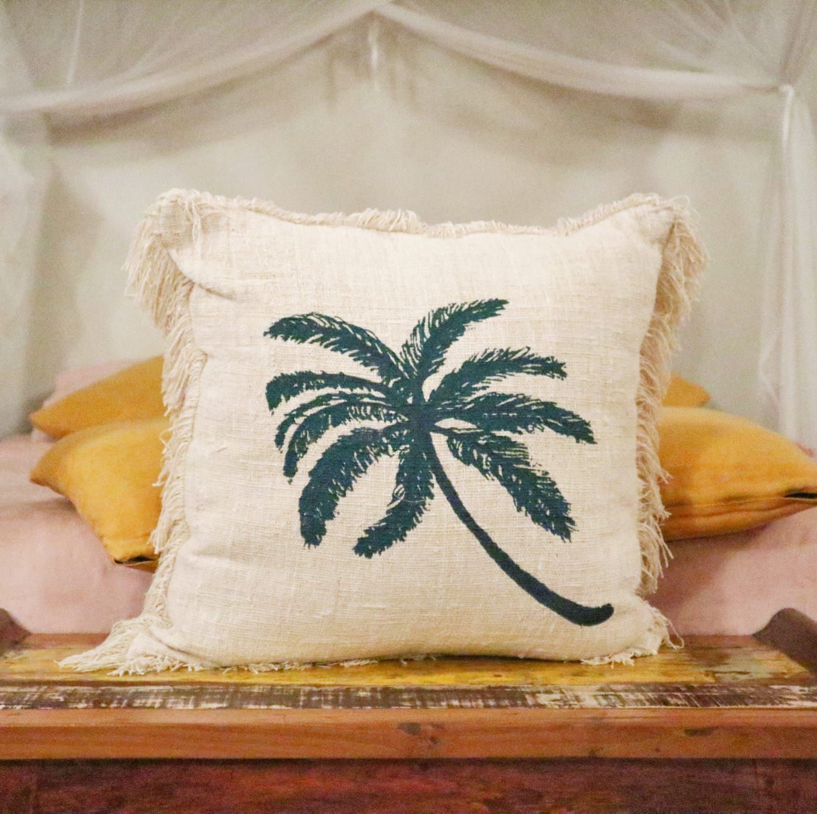 Linen Cushion Cover Palm Tree with Fringe