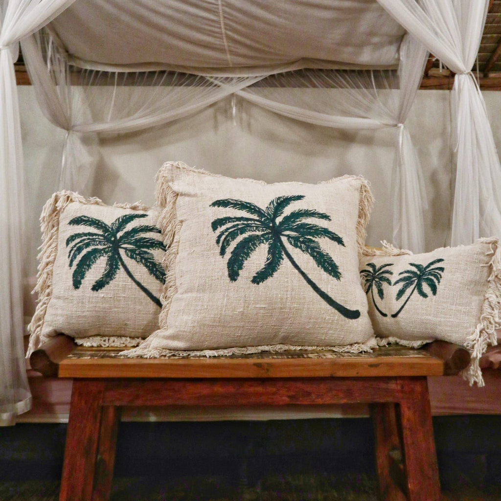 Linen Cushion Cover Palm Tree with Fringe