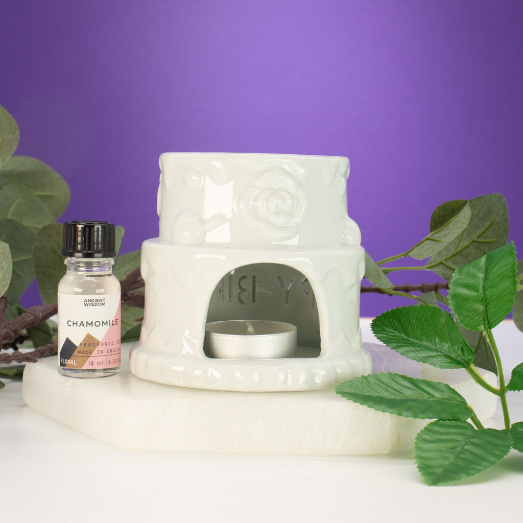 Ceramic Oil Burner Happy Birthday White
