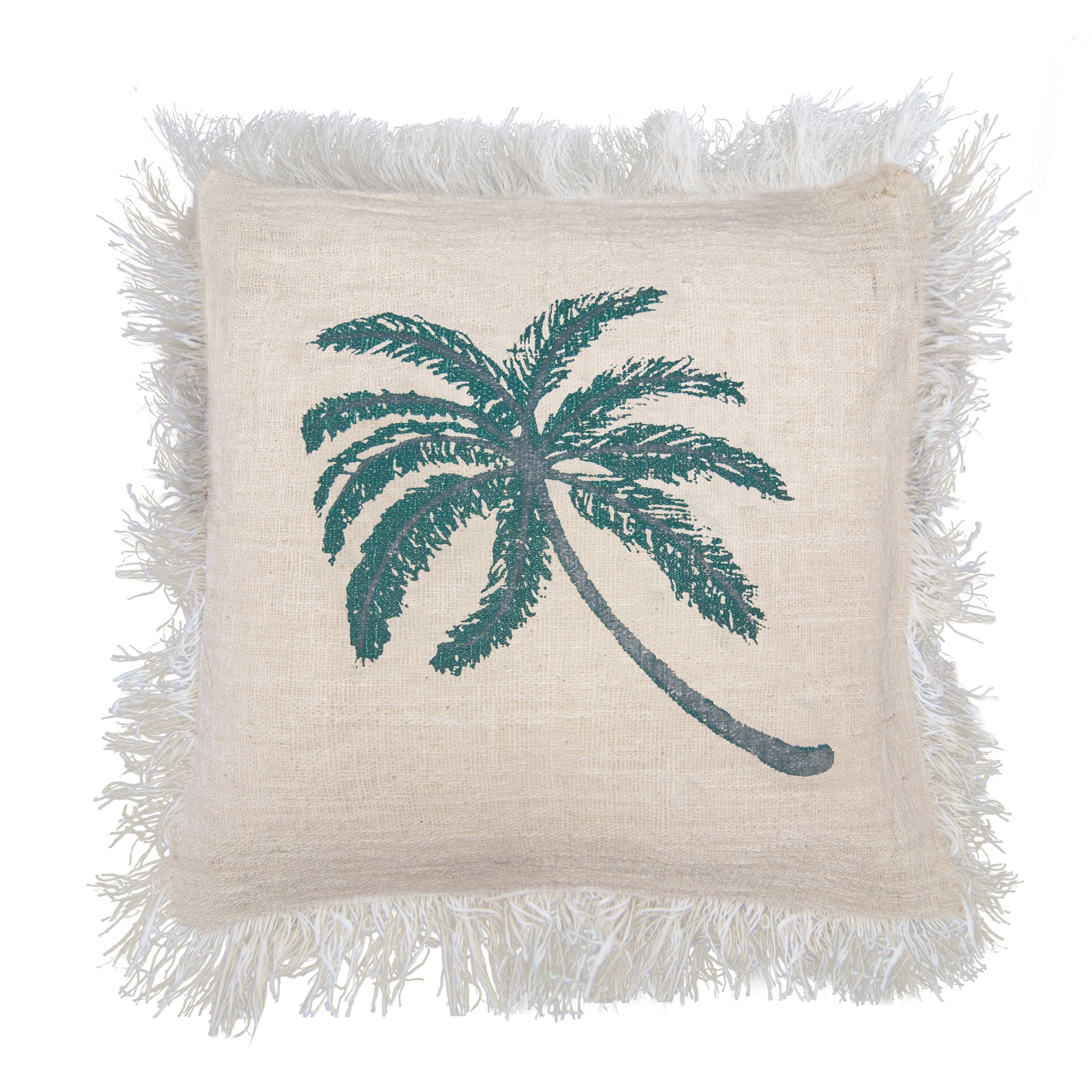 Linen Cushion Cover Palm Tree with Fringe