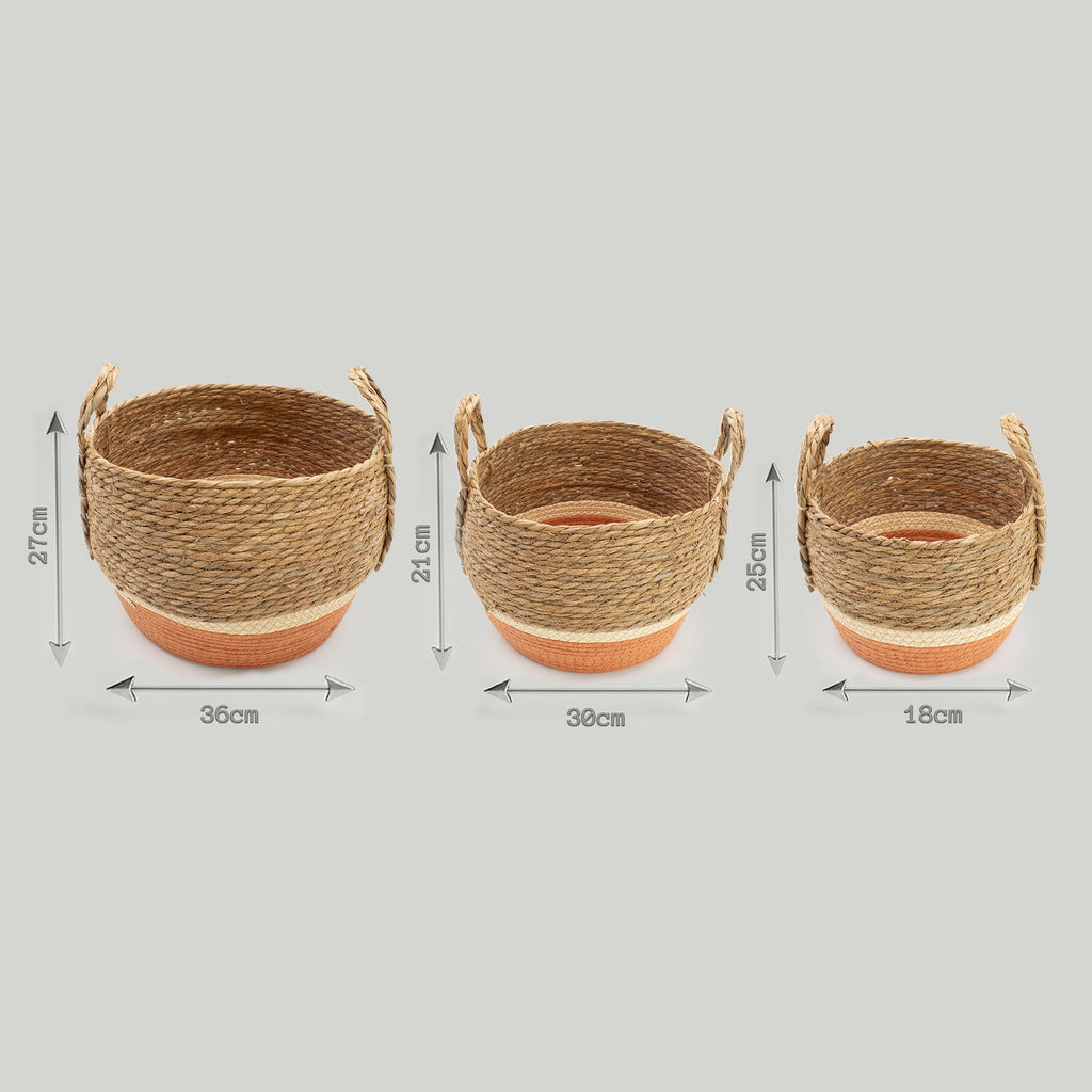 Set of 3 Straw & Seagrass Large Baskets Natural & Orange