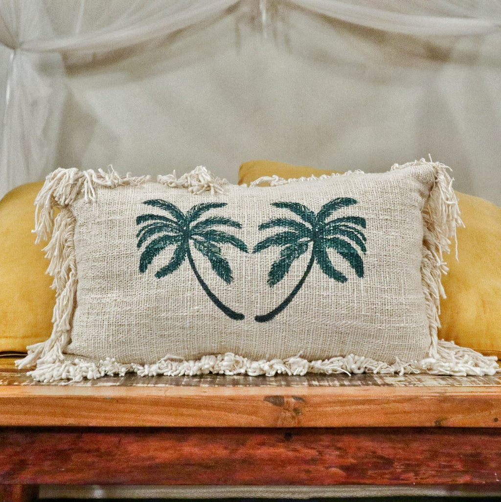 Linen Cushion Cover Palm Tree with Fringe