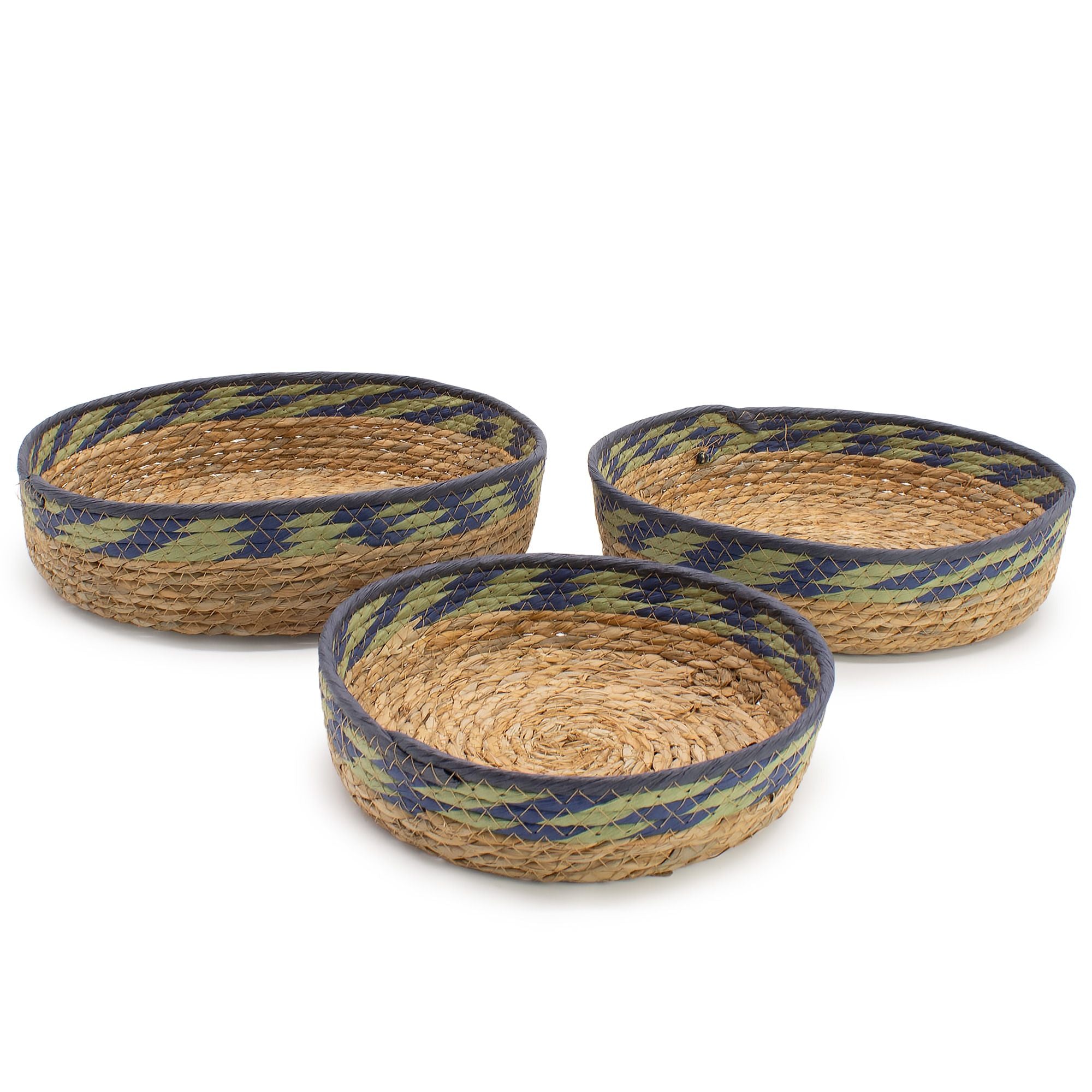 Set of 3 Straw & Seagrass Tray Baskets Natural Green & Blue