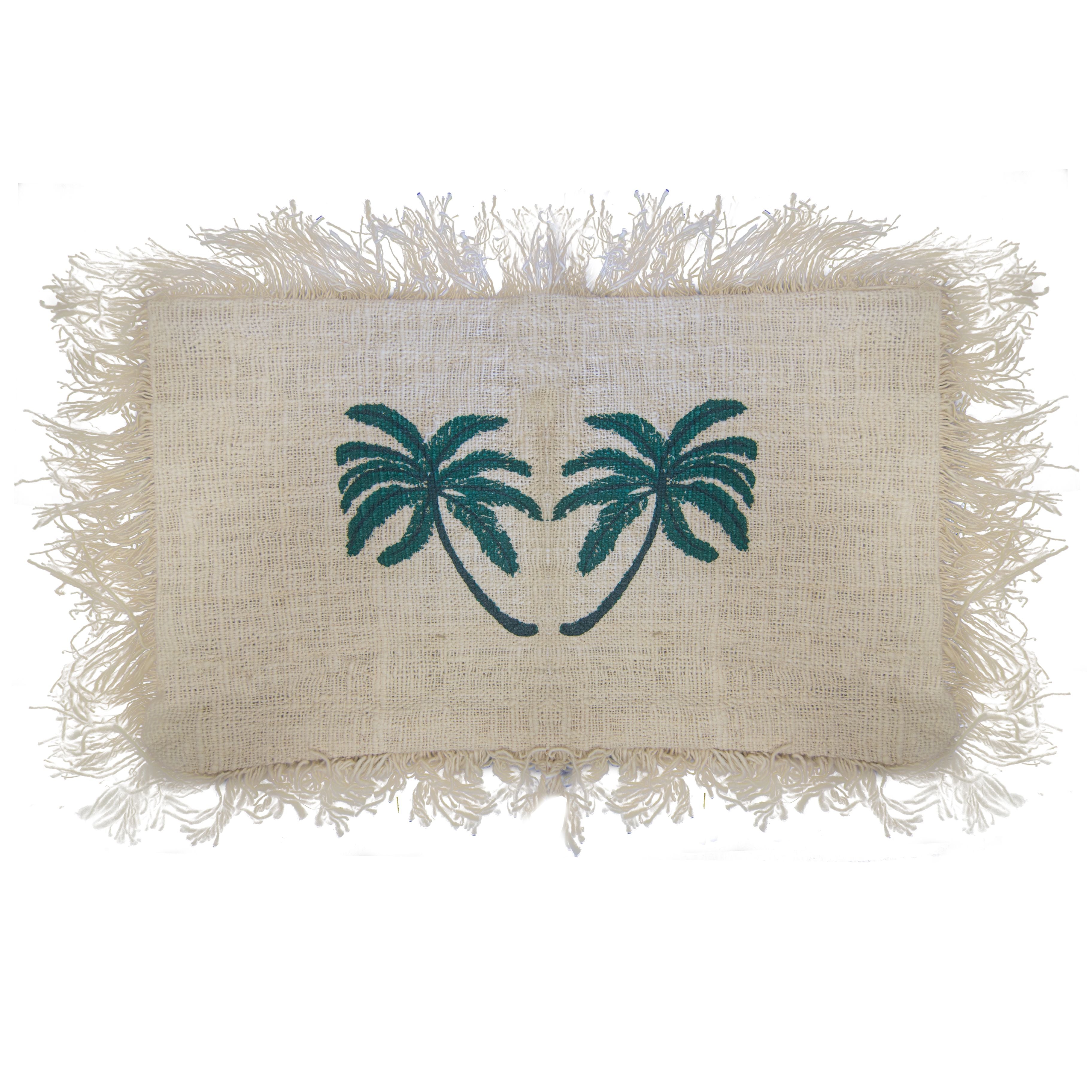 Linen Cushion Cover Palm Tree with Fringe