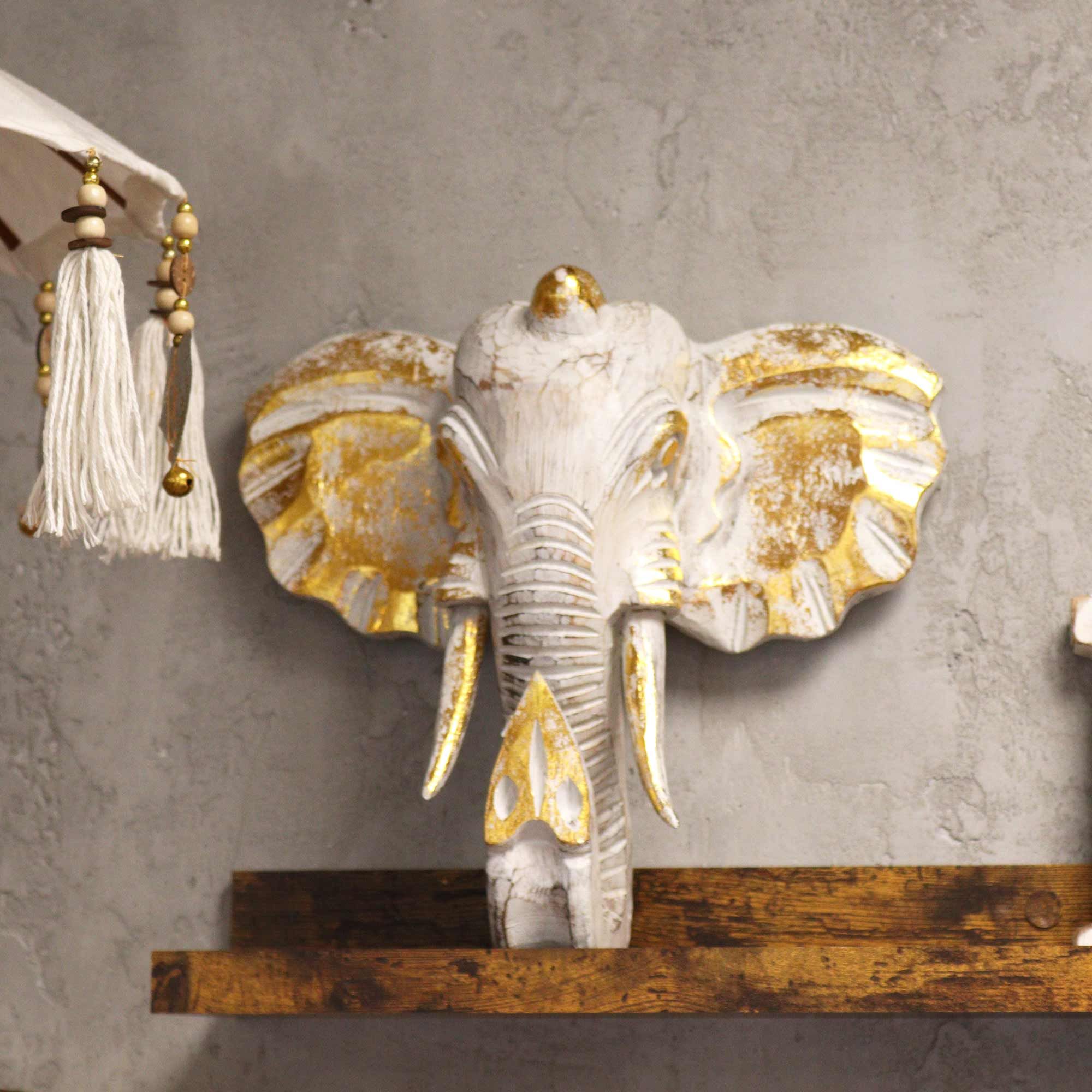 Large Majestic Elephant Head Gold & Whitewash