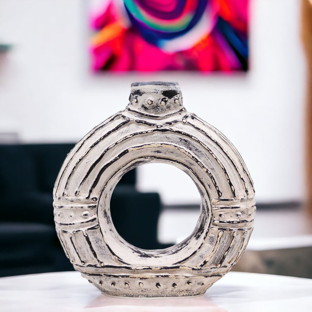 Round Donut Shaped Vase - Ornament Cream 18cm