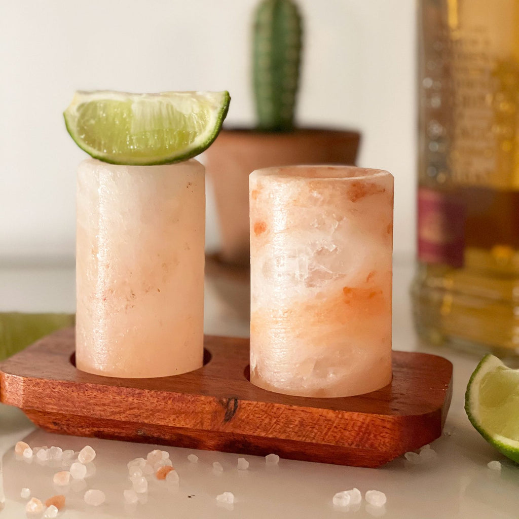 Himalayan Salt Shot Glasses Set of 2 With Wood Serving Stand