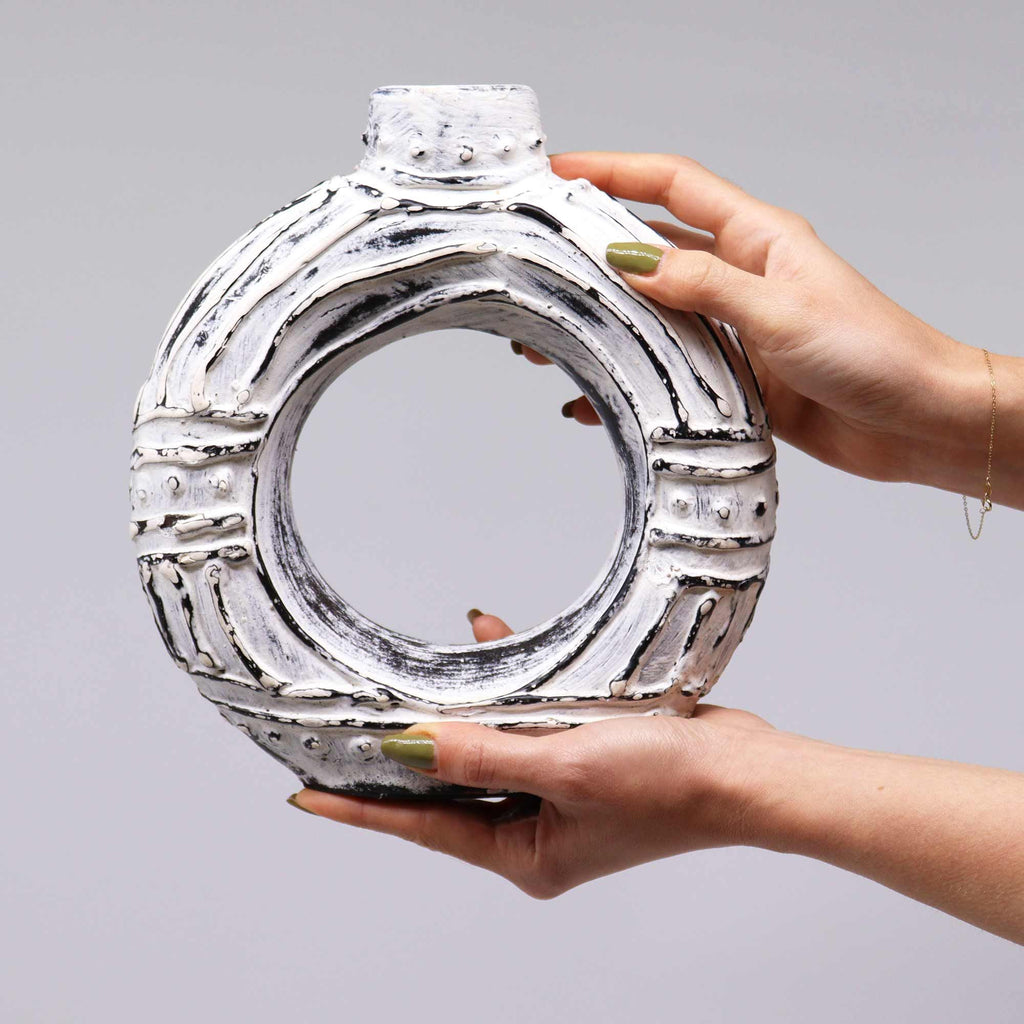 Round Donut Shaped Vase Ornament - Cream 23cm