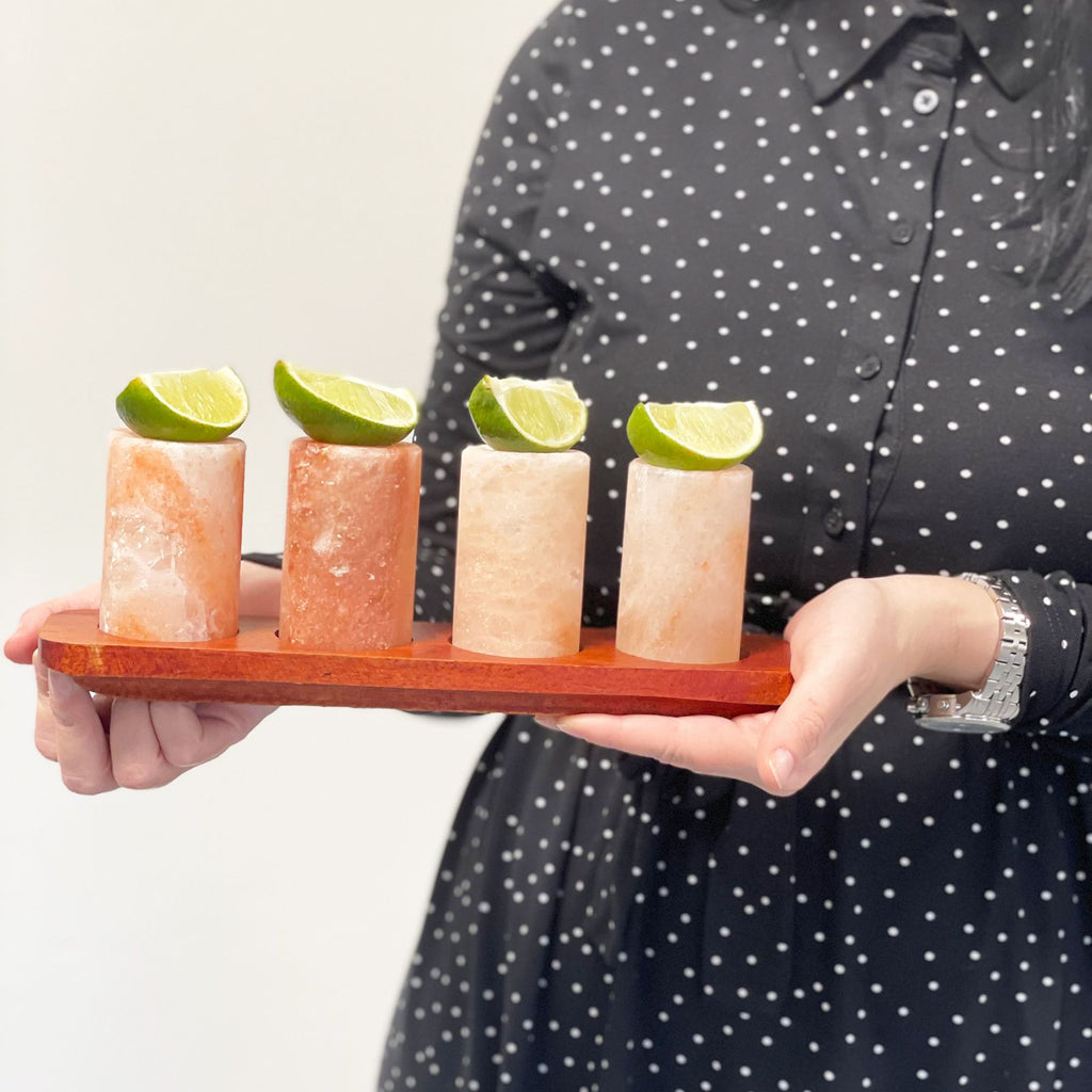 Himalayan Salt Shot Glasses & Wood Serving Stand Set of 2