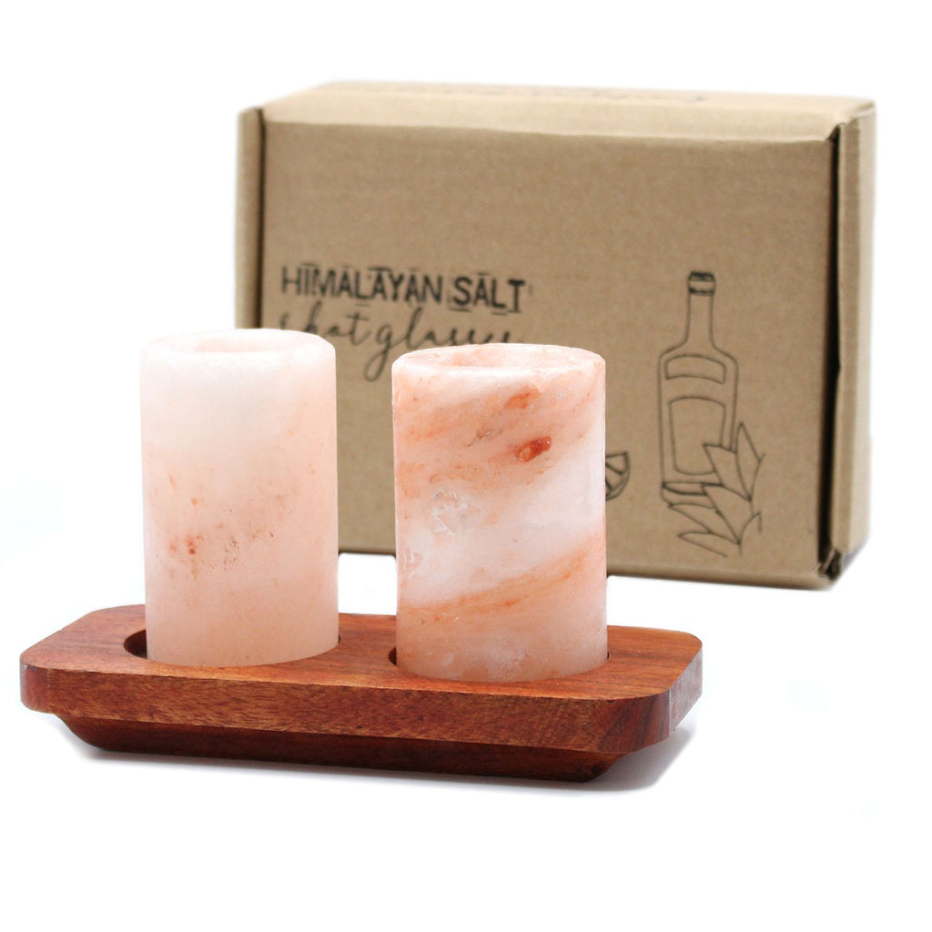 Himalayan Salt Shot Glasses & Wood Serving Stand Set of 2