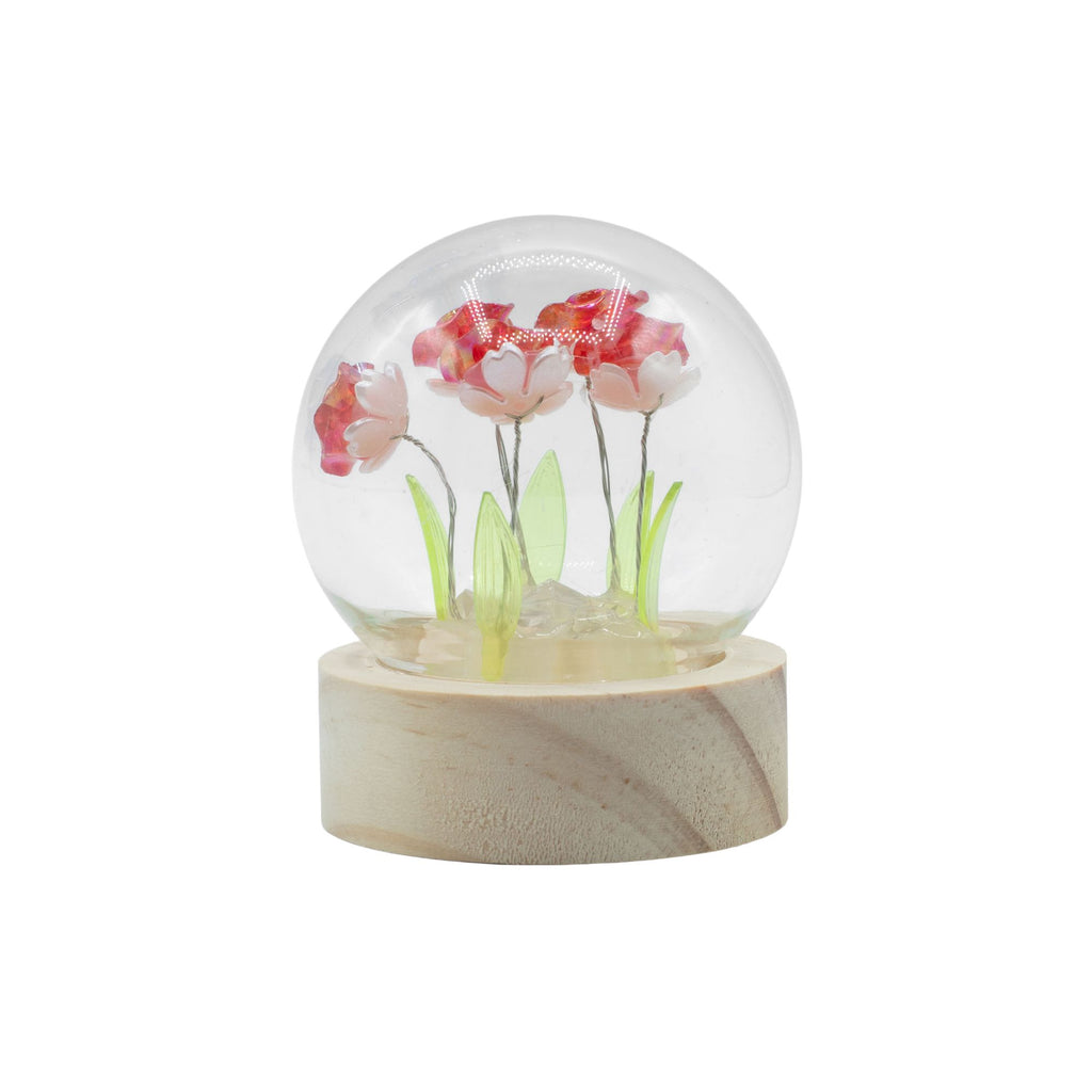 Warm LED Illuminated Red Roses Under Glass Dome with Natural Wooden Base, Battery Operated Decorative Accent