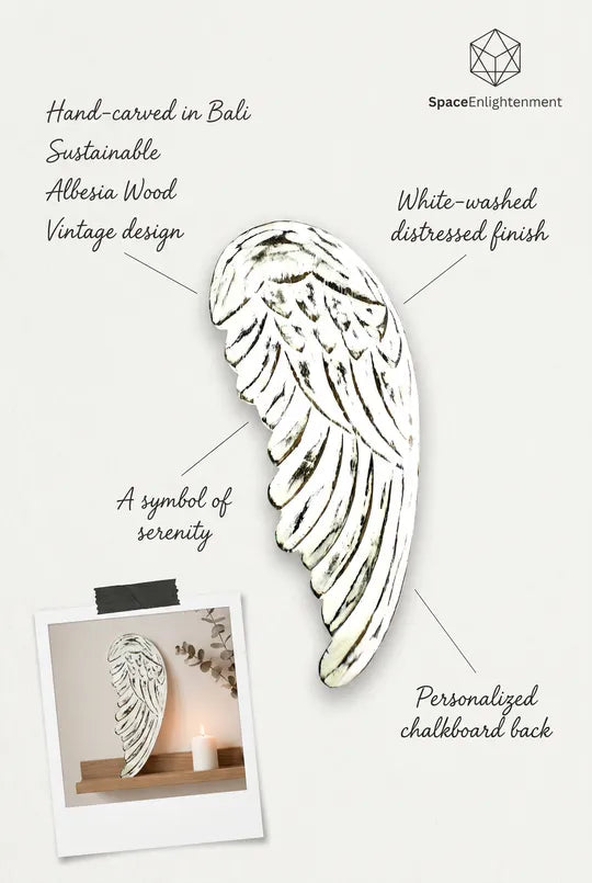 Vintage distressed white-washed angel wings hand-carved from sustainable wood for wall or shelf decor, personalized chalkboard back