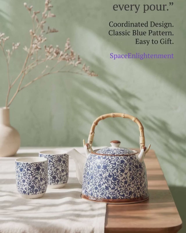 Blue Ceramic Teapot Set with Six Cups – Loose Leaf Tea Brewing Collection