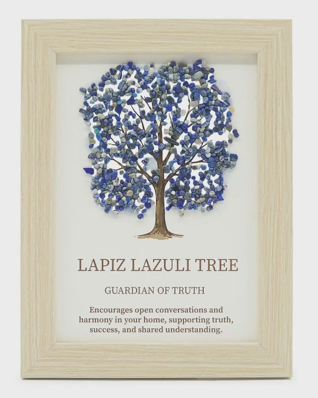 Decorative Tree of Life Wall Art with Genuine Lapis Lazuli Gemstone Chips, Wooden Frame, Boho Accent