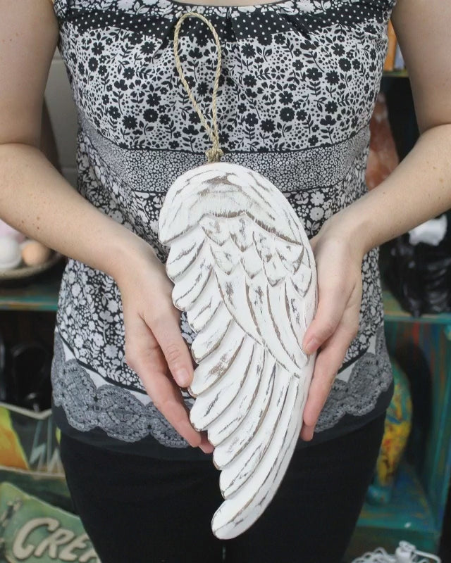 Vintage distressed hand-carved angel wings, white-washed finish, sustainable albesia wood home wall decor
